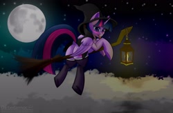 Size: 3296x2160 | Tagged: safe, alternate version, artist:darbedarmoc, twilight sparkle, alicorn, pony, g4, blushing, broom, butt, candle, clothes, cloud, costume, dock, female, flying, flying broomstick, frog (hoof), halloween, hat, high res, holiday, hooves, horn, lamp, lantern, looking at you, looking back, looking back at you, mare, moon, multiple variants, night, plot, presenting, rear view, robe, sky, socks, solo, spreading, stars, stockings, tail, tail aside, thigh highs, tongue out, twilight sparkle (alicorn), two toned mane, underhoof, wings, witch, witch costume, witch hat