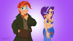 Size: 1280x720 | Tagged: safe, artist:megaanimationfan, starlight glimmer, sunburst, human, g4, atlantis: the lost empire, blushing, clothes, costume, crossover, embarrassed, female, humanized, kida, male, milo thatch, ship:starburst, shipping, straight