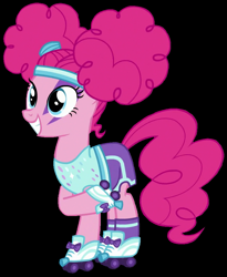 Size: 735x895 | Tagged: safe, derpibooru exclusive, edit, edited screencap, editor:twilyisbestpone, screencap, pinkie pie, earth pony, pony, g4, scare master, background removed, black background, clothes, costume, cropped, cute, diapinkes, female, headband, mare, nightmare night, nightmare night costume, pinkie puffs, raised hoof, roller skates, simple background, smiling, solo