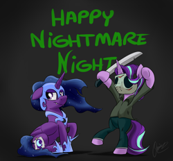 Size: 2821x2617 | Tagged: safe, artist:oinktweetstudios, nightmare moon, starlight glimmer, twilight sparkle, alicorn, pony, unicorn, g4, clothes, cosplay, costume, friday the 13th, halloween, high res, holiday, jason voorhees