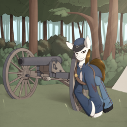 Size: 2000x2000 | Tagged: safe, artist:silverfox057, oc, oc only, oc:rough seas, earth pony, pony, american civil war, bush, cannon, civil war, clothes, crepuscular rays, forest, hat, high res, nature, sergeant, solo, tree, weapon