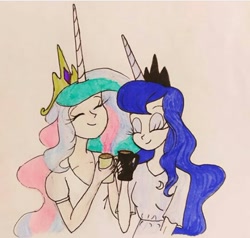 Size: 540x515 | Tagged: safe, artist:lunaart, princess celestia, princess luna, alicorn, human, g4, alicorn humanization, clothes, coffee, crown, cute, cutelestia, eyes closed, horn, horned humanization, humanized, jewelry, lunabetes, regalia, royal sisters, sisters, smiling, traditional art, winged humanization