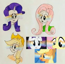 Size: 540x532 | Tagged: safe, artist:lunaart, screencap, applejack, fluttershy, rarity, earth pony, human, pegasus, pony, unicorn, g4, it ain't easy being breezies, leap of faith, rarity takes manehattan, applejack's hat, cowboy hat, hat, humanized, open mouth, rainbow eyes, screencap reference, surprised, traditional art