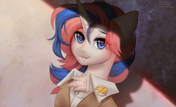 Size: 1280x785 | Tagged: safe, artist:margony, oc, oc only, oc:lulu launay, pony, unicorn, bust, clothes, commission, digital art, female, horn, looking at you, mare, portrait, solo