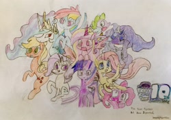 Size: 2914x2040 | Tagged: safe, artist:imaginarylightw, applejack, fluttershy, pinkie pie, princess cadance, princess celestia, princess luna, rainbow dash, rarity, spike, twilight sparkle, mlp fim's tenth anniversary, g4, happy birthday mlp:fim, high res, mane seven, mane six, traditional art