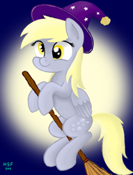 Size: 825x1080 | Tagged: safe, artist:hsf, derpy hooves, pegasus, pony, g4, broom, flying, flying broomstick, halloween, holiday, moon, solo