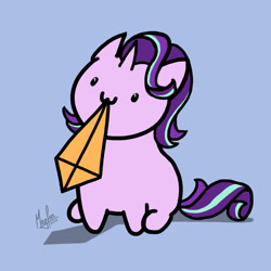Size: 1037x1038 | Tagged: safe, artist:magfen, starlight glimmer, pony, unicorn, g4, :3, blue background, chibi, cute, female, glimmerbetes, hnnng, kite, mare, mouth hold, simple background, sitting, solo, that pony sure does love kites