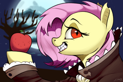 Size: 1800x1200 | Tagged: safe, artist:silverhopexiii, fluttershy, bat pony, pony, vampire, g4, apple, bat ponified, clothes, coat, costume, dracula, flutterbat, food, grin, halloween, halloween costume, holiday, nightmare night, race swap, smiling, solo