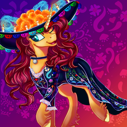 Size: 2000x2000 | Tagged: safe, artist:stainedglasslighthea, oc, oc only, oc:stained glass light heart, pony, unicorn, clothes, dress, female, hat, high res, mare, solo