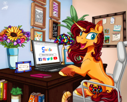 Size: 2500x2000 | Tagged: safe, artist:stainedglasslighthea, oc, oc only, oc:stained glass light heart, pony, unicorn, book, computer, female, high res, laptop computer, mare, solo
