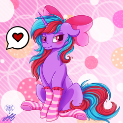 Size: 2000x2000 | Tagged: safe, artist:stainedglasslighthea, oc, oc only, oc:cosmic spark, pony, unicorn, abstract background, blushing, bow, clothes, female, hair bow, high res, looking at you, mare, socks, solo, striped socks, unamused