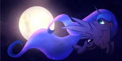 Size: 807x408 | Tagged: safe, artist:kebchach, princess luna, alicorn, pony, g4, female, flying, mare, missing accessory, moon, night, night sky, sky, solo