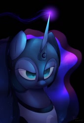 Size: 875x1280 | Tagged: safe, artist:kebchach, nightmare moon, alicorn, pony, g4, armor, black background, bust, female, glowing horn, helmet, horn, mare, peytral, simple background, solo