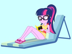Size: 2048x1536 | Tagged: safe, alternate version, artist:draymanor57, sci-twi, twilight sparkle, equestria girls, friendship math, g4, my little pony equestria girls: better together, book, clothes, female, glasses, lounge, lounging, one-piece swimsuit, ponytail, solo, swimsuit