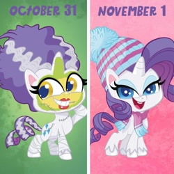 Size: 1080x1080 | Tagged: safe, rarity, pony, unicorn, g4.5, my little pony: pony life, official, bride of frankenstein, clothes, costume, halloween, halloween costume, hat, holiday, instagram, october 31st vs. november 1st, scarf, solo, winter outfit
