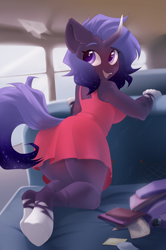 Size: 2722x4092 | Tagged: safe, artist:kebchach, oc, oc only, oc:cosmic amber, unicorn, anthro, unguligrade anthro, book, breasts, bus, busty oc, clothes, dress, female, looking back, paper airplane, red dress, solo, underhoof