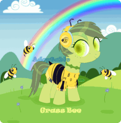 Size: 1632x1656 | Tagged: safe, artist:b11ss, oc, oc only, oc:grass bee, bee, insect, pony, adoptable, adoptable open, animated, auction, auction open, clothes, cloud, digital art, female, filly, flower, foal, headphones, looking at something, mammal, rainbow, scenery, signature, simple background, solo, watermark, wings