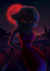 Size: 2893x4092 | Tagged: safe, artist:kebchach, bat pony, anthro, backlighting, blood moon, breasts, clothes, dress, female, floppy ears, moon, night, solo