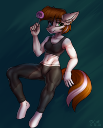 Size: 2660x3312 | Tagged: safe, artist:gicme, oc, oc only, oc:bianca, earth pony, anthro, unguligrade anthro, candy, clothes, ear fluff, ear piercing, earring, food, heterochromia, high res, jewelry, leggings, lollipop, muscles, piercing, solo, sports, sporty style