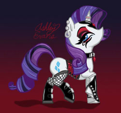 Size: 587x550 | Tagged: safe, artist:smooth-criminal-13, rarity, pony, unicorn, g4, choker, clothes, corset, ear piercing, earring, eyeshadow, female, fishnet stockings, goth, gradient background, horn, horn ring, jewelry, makeup, mare, mascara, piercing, profile, ring, solo