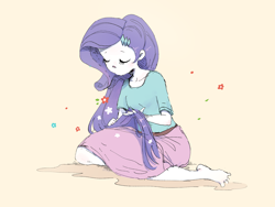 Size: 1600x1200 | Tagged: safe, artist:fuyugi, rarity, equestria girls, g4, barefoot, cute, eyes closed, feet, female, flower, flower in hair, hair hold, orange background, raribetes, simple background, sitting, solo, wiggling toes