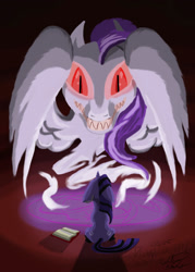 Size: 1286x1800 | Tagged: safe, artist:smooth-criminal-13, oc, oc only, ghost, pony, undead, unicorn, book, duo, floppy ears, magic, magic circle, red eyes, sharp teeth, sitting, slit pupils, summoning, teeth
