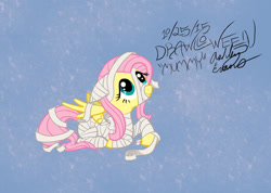 Size: 1525x1088 | Tagged: safe, artist:smooth-criminal-13, fluttershy, pegasus, pony, g4, clothes, costume, cute, female, floppy ears, halloween, halloween costume, mare, mummy costume, shyabetes, solo