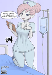 Size: 1532x2200 | Tagged: safe, artist:oldskullkid, nurse redheart, equestria girls, g4, bed, breasts, cleavage, clipboard, clothes, female, hat, hospital bed, iv, iv bag, iv drip, looking at you, nurse, nurse hat, open mouth, scrubs (gear), solo, speech bubble, talking to viewer