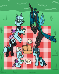 Size: 962x1200 | Tagged: safe, artist:platinumdrop, queen chrysalis, oc, oc:parallus, changedling, changeling, g4, canon x oc, food, offspring, parent:oc:parallus, parent:queen chrysalis, parents:canon x oc, picnic, request, sandwich, shipping