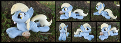 Size: 4920x1754 | Tagged: safe, artist:peruserofpieces, derpy hooves, pegasus, pony, g4, :p, beanie (plushie), female, food, irl, looking at you, lying down, mare, muffin, photo, plushie, prone, smiling, smiling at you, solo, tongue out, tree