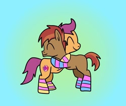 Size: 1280x1076 | Tagged: safe, artist:platinumdrop, button mash, scootaloo, g4, clothes, colt, eyes closed, female, filly, foal, gradient background, hug, male, missing accessory, request, simple background, socks, striped socks