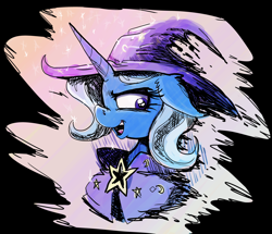 Size: 2314x1991 | Tagged: safe, artist:paskanaakka, derpibooru exclusive, trixie, pony, unicorn, g4, bust, cape, clothes, ear fluff, female, floppy ears, hat, mare, portrait, solo, trixie's cape, trixie's hat