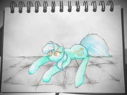 Size: 1280x960 | Tagged: safe, artist:papersurgery, edit, lyra heartstrings, pony, unicorn, g4, lying down, photo, photo edit, solo, traditional art