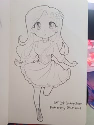 Size: 1536x2048 | Tagged: safe, artist:emirichu, fluttershy, human, g4, anime, cottagecore, cute, female, humanized, monochrome, photo, shyabetes, solo, traditional art