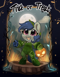 Size: 2233x2828 | Tagged: safe, artist:oofycolorful, part of a set, oc, oc only, oc:raylanda, earth pony, pony, blue rose, clothes, commission, costume, cute, female, flower, halloween, halloween costume, happy, high res, holiday, ocbetes, poison ivy, pumpkin bucket, rose, smiling, solo, trick or treat, ych result