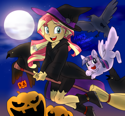 Size: 1500x1400 | Tagged: safe, artist:haden-2375, sunset shimmer, twilight sparkle, bird, cat, equestria girls, g4, broom, catified, clothes, costume, flying, flying broomstick, full moon, halloween, hat, holiday, horn, jack-o-lantern, moon, night, night sky, open mouth, pumpkin, sky, species swap, twilight cat, wings, witch, witch hat