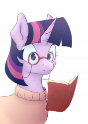 Size: 1252x1772 | Tagged: safe, artist:s.l.guinefort, twilight sparkle, pony, g4, book, clothes, glasses, reading, simple background, solo, sweater, white background
