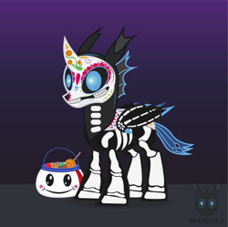 Size: 998x996 | Tagged: safe, artist:wheatley r.h., derpibooru exclusive, oc, oc only, oc:w. rhinestone eyes, changeling, blue changeling, calaverita, candy, catrina (calavera garbancera), changeling oc, clothes, costume, dia de los muertos, face paint, folded wings, food, gradient background, happy, simple background, skeleton costume, solo, vector, watermark, wings