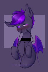 Size: 1449x2200 | Tagged: safe, oc, oc:moonlight thunder, bat pony, pony, blushing, collar, commission, holding, leash, looking down, smiling, ych result