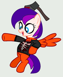 Size: 672x826 | Tagged: safe, artist:jadeharmony, artist:katsubases, oc, oc only, oc:jade harmony, pegasus, pony, g4, axe, base used, blood, bone, chest fluff, clothes, costume, eyeshadow, face paint, female, flying, gray background, halloween, halloween costume, holiday, makeup, mare, nightmare night, nightmare night costume, open mouth, ribcage, shirt, simple background, solo, t-shirt, weapon