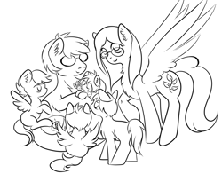 Size: 4391x3444 | Tagged: safe, artist:coco-drillo, oc, oc:cocodrillo, earth pony, pegasus, pony, brothers, caress, chest fluff, clothes, ear fluff, family, flying, foal, glasses, group, holding a pony, male, messy mane, monochrome, newborn, parents:oc x oc, round glasses, scarf, siblings, simple background