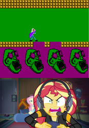 Size: 700x1006 | Tagged: safe, edit, edited screencap, screencap, fluttershy, sunset shimmer, equestria girls, g4, game stream, my little pony equestria girls: better together, action 52, angry, gamer sunset, headphones, non human