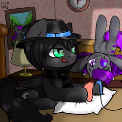Size: 3000x3000 | Tagged: safe, artist:dark_nidus, oc, oc:grayhoof, oc:moonlight thunder, bat pony, pegasus, pony, bed, bedroom, clock, clothes, controller, hat, high res, lamp, lying down, lying on bed, nintendo switch, on bed, picture, pillow, scarf, upside down