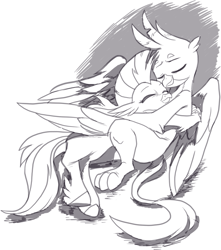 Size: 1283x1450 | Tagged: safe, artist:nauyaco, gallus, silverstream, classical hippogriff, griffon, hippogriff, g4, cuddling, cute, diastreamies, female, gallabetes, grayscale, interspecies, male, monochrome, ship:gallstream, shipping, straight