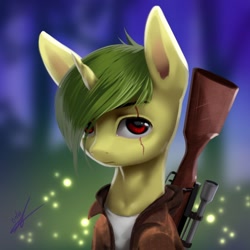 Size: 1280x1280 | Tagged: safe, artist:thatdreamerarts, firefly (insect), insect, pony, unicorn, clothes, gun, jacket, rifle, sniper rifle, solo, weapon