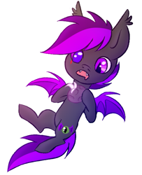 Size: 559x690 | Tagged: safe, oc, oc only, oc:moonlight thunder, bat pony, enderman, enderpony, pony, chorus fruit, cute, cute little fangs, fangs, flying, food, fruit, herbivore, hungry, minecraft, open mouth, ponified, simple background, solo, white background