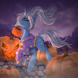 Size: 1200x1200 | Tagged: safe, artist:alicetriestodraw, trixie, pony, unicorn, g4, alternate hairstyle, babysitter trixie, candy, clothes, female, fog, food, halloween, holiday, hoodie, jack-o-lantern, mare, mouth hold, nightmare night, pumpkin, pumpkin bucket, solo, sweets, trick or treat