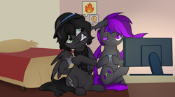 Size: 3600x2000 | Tagged: safe, artist:sanyyyaa_, oc, oc:grayhoof, oc:moonlight thunder, bat pony, pegasus, pony, :p, angry, bed, clothes, commission, controller, happy, hat, high res, nintendo switch, pillow, playing video games, scarf, sitting, television, tongue out, ych result