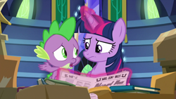 Size: 1920x1080 | Tagged: safe, screencap, spike, twilight sparkle, alicorn, dragon, pony, g4, the last problem, book, box, library, newspaper, twilight sparkle (alicorn), twilight's castle, twilight's castle library, winged spike, wings