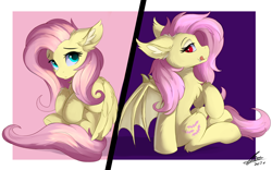 Size: 1920x1200 | Tagged: safe, artist:lunar froxy, fluttershy, bat pony, pegasus, pony, g4, bat ponified, cheek fluff, chest fluff, cute, duality, ear fluff, female, flutterbat, leg fluff, licking, licking lips, mare, profile, race swap, self ponidox, shyabetes, sitting, tongue out
